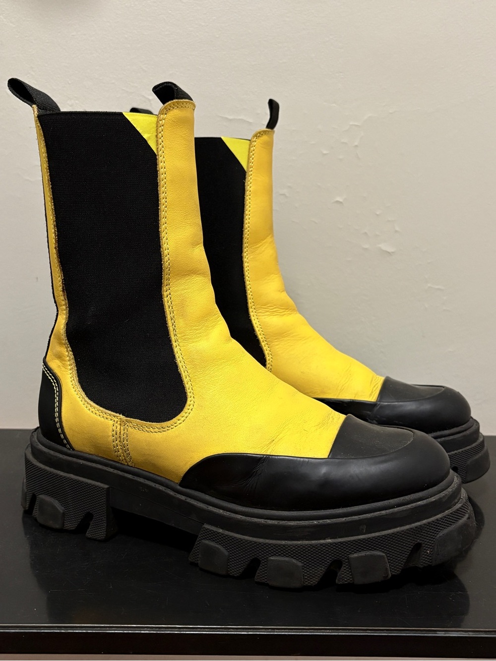 GANNI Yellow & Black Cleated Mid Chelsea Boots Size 39 US 8/8.5